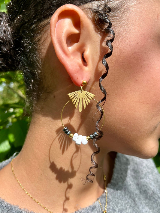 Boucles d'oreille ALIX, avec pierres d'Hématite et de Howlite, portées.
