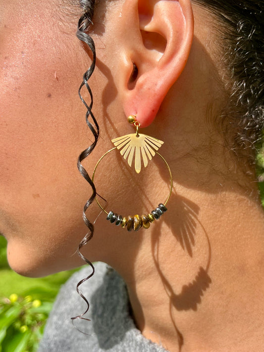 Boucles d'oreille ALIX, avec pierres d'Oeil de Tigre et d'Hématite, portées.