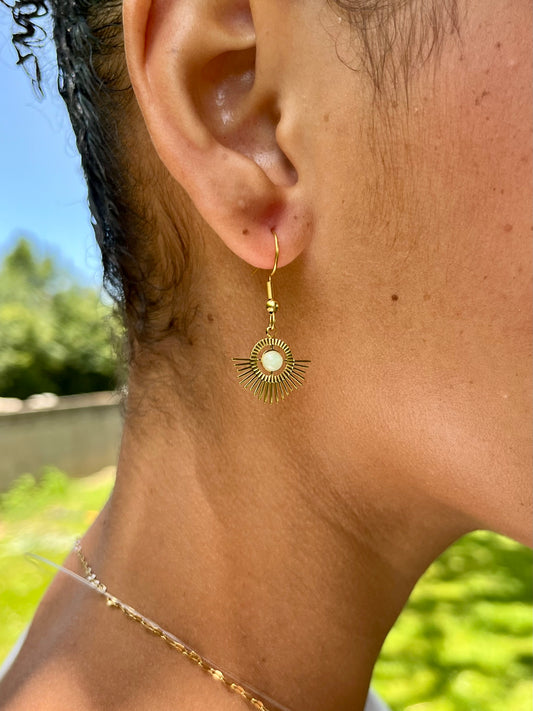 Boucles d'oreille ALLY, avec pierre d'Aventurine, portées.