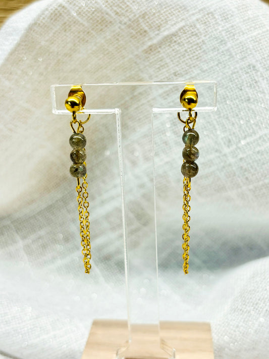 Boucles d'oreille MALIA, de couleur dorée avec pierres de Labradorite, exposées sur un fond en lin.